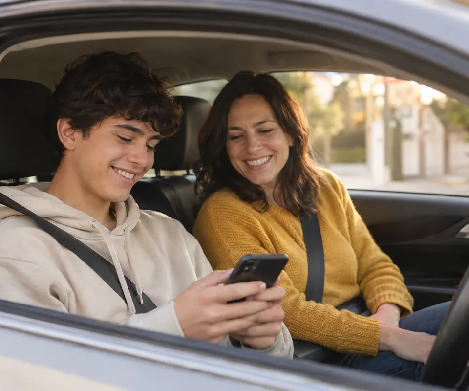 Un adolescente en el asiento del conductor de un auto estacionado estudia un examen de práctica en el celular mientras su madre lo mira sonriendo